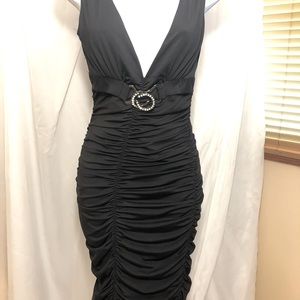 Body Central Black V neck dress with gathered seams and accent buckle at waist